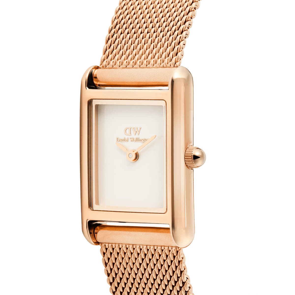 Close-up of the Bound Mini Melrose rose gold watch showing its rectangular case, minimalist white dial, and finely woven mesh strap with a polished finish.