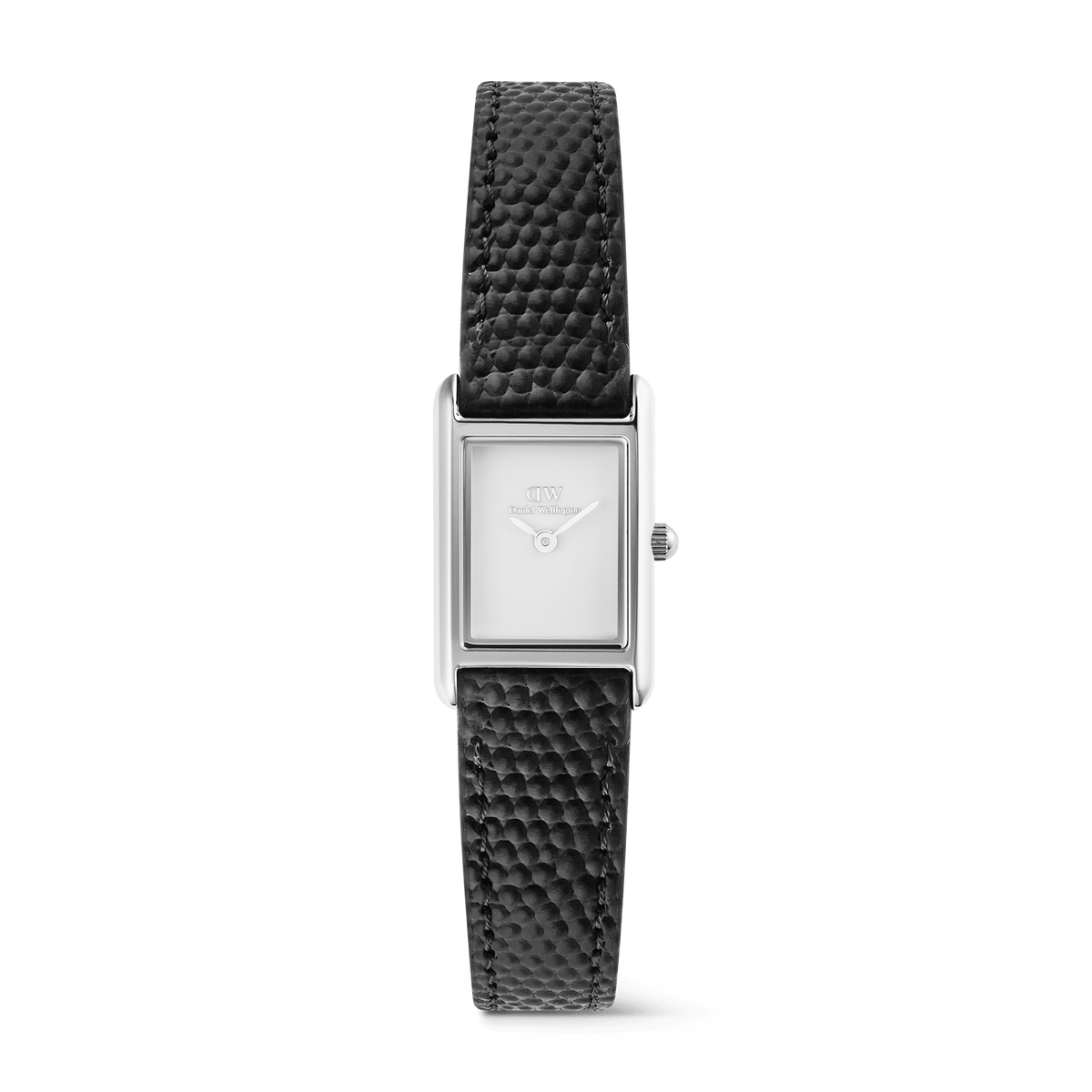 Rectangular ladies watch with a polished silver case, minimalist white dial, and textured black lizard grain leather strap, designed for a comfortable fit and modern, versatile style.