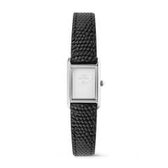 Rectangular ladies watch with a polished silver case, minimalist white dial, and textured black lizard grain leather strap, designed for a comfortable fit and modern, versatile style.