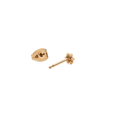 Flower Stud Gold earring with a petite floral motif and warm gold finish, shown with its butterfly backing for secure and comfortable wear.