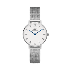 Petite Roman Numerals Sterling ladies watch with a white dial, Roman numerals, blue steel hands, and an adjustable silver mesh strap, crafted from stainless steel for a refined and comfortable fit.