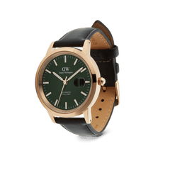 Daniel Wellington Iconic Sheffield Automatic Rose Gold watch with a green enamel dial, rose gold case, magnified date display, and genuine black leather strap.