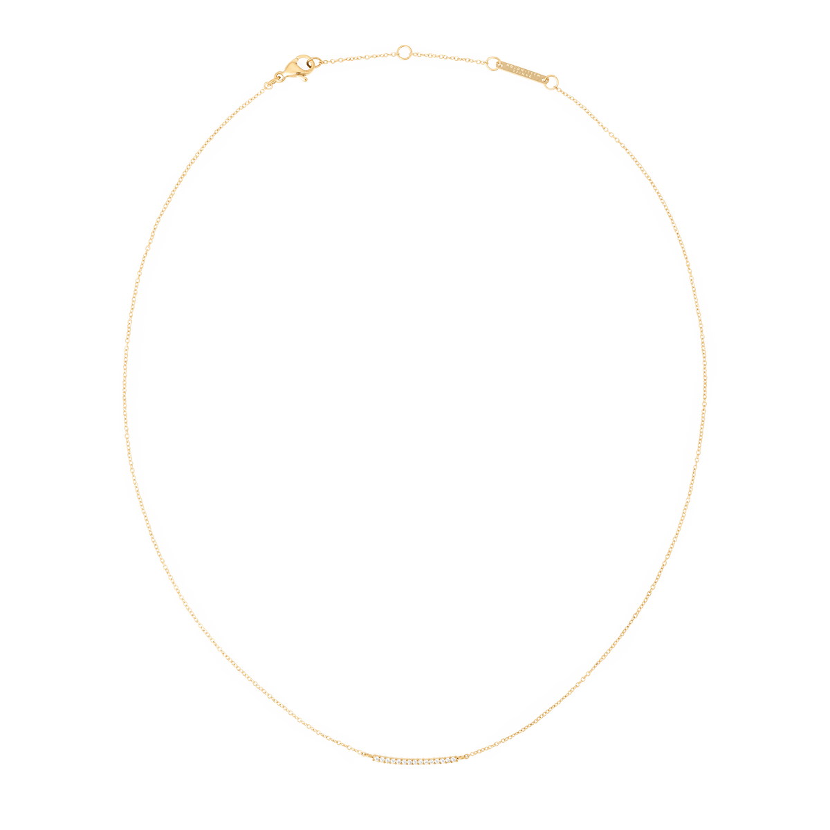 Delicate gold necklace with a slim chain and a fixed bar pendant set with white cubic zirconia stones, featuring an adjustable clasp for a custom fit.