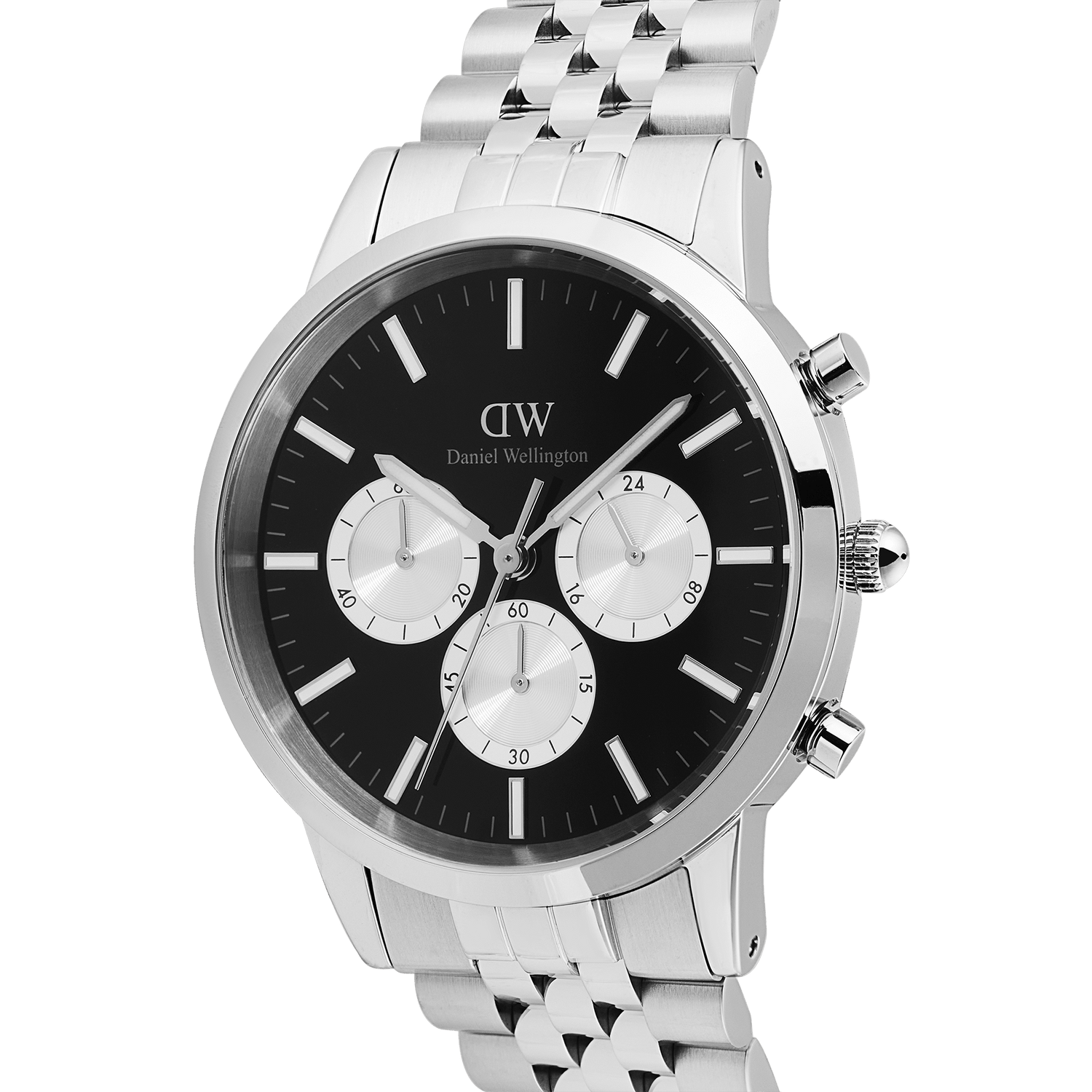 Iconic Chronograph Arch 5-Link Onyx Panda Silver men's watch with a 42mm stainless steel case, black dial, white sub-dials, and a polished five-link bracelet, shown in a close-up angled view.