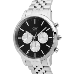 Iconic Chronograph Arch 5-Link Onyx Panda Silver men's watch with a 42mm stainless steel case, black dial, white sub-dials, and a polished five-link bracelet, shown in a close-up angled view.
