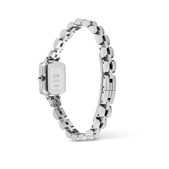 Rear view of the Quadro Mini Arch 3-link Arctic Sunray Silver watch, showing the engraved stainless steel case back and polished silver three-link bracelet with butterfly clasp.
