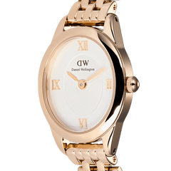 Close-up of the Ophelia Mini Rose Gold ladies watch highlighting the polished oval rose gold case, white sunray dial, and rose gold Roman numerals.