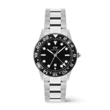 Stainless steel men’s watch with a black ceramic bezel, bold black dial, and silver link bracelet, featuring a GMT function and date display for versatile everyday and travel wear.