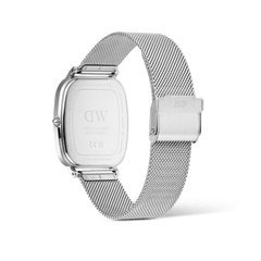 Rear view of the Marlon Sterling Linen watch showing the engraved stainless steel case back, adjustable silver mesh strap, and secure clasp buckle.