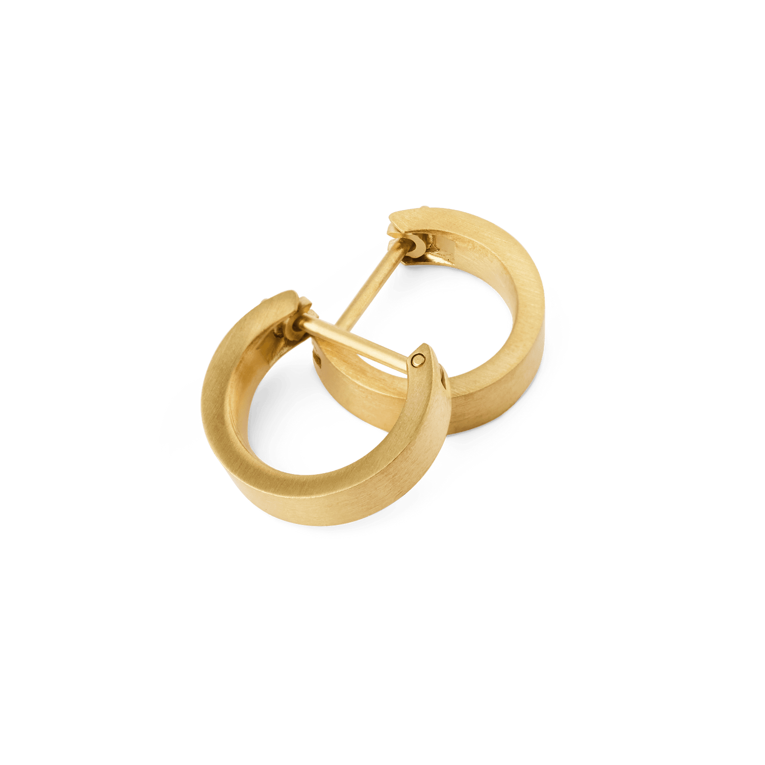 Line Earrings Brushed Gold 3.5mm displayed with their latch-back closures open, showing the softly brushed gold finish and minimalist hoop design.