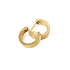 Line Earrings Brushed Gold 3.5mm displayed with their latch-back closures open, showing the softly brushed gold finish and minimalist hoop design.