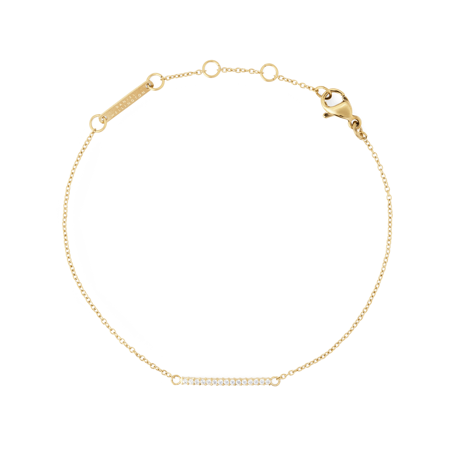 Slim gold Mirelle Eternity Bracelet featuring a fine adjustable chain and a delicate bar set with sparkling white cubic zirconia stones, designed for a subtle and elegant look.