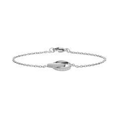 Elan Unity Bracelet Silver with two interlocking rings on a fine silver chain, featuring a polished stainless steel finish and a secure clasp for comfortable, everyday wear.