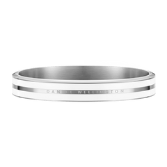 Minimalist Emalie Infinite Silver Satin White bangle with a polished silver finish and satin white enamel, featuring Daniel Wellington branding for a contemporary and elegant touch.