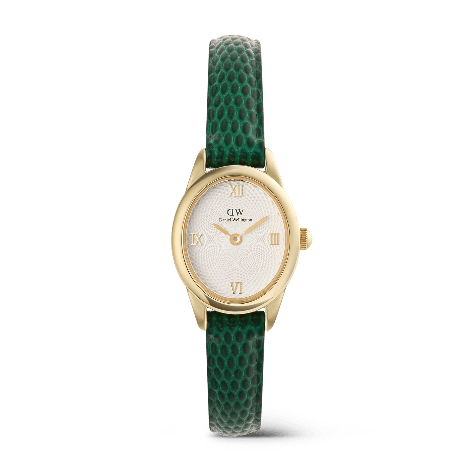 Ladies gold Daniel Wellington Ophelia Mini watch with a petite oval case, white guilloché dial, gold Roman numeral markers, and a green lizard-embossed leather strap.