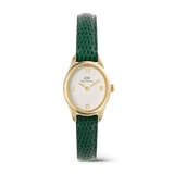 Ladies gold Daniel Wellington Ophelia Mini watch with a petite oval case, white guilloché dial, gold Roman numeral markers, and a green lizard-embossed leather strap.