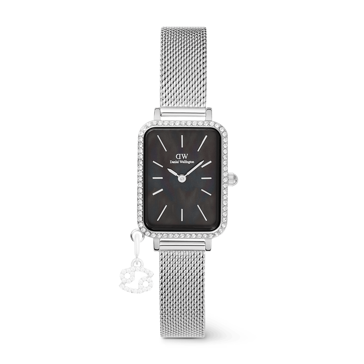 Rectangular silver women’s watch with a black mother of pearl dial, crystal-set bezel, silver mesh strap, and a removable zodiac charm, blending elegant design with a touch of personalisation.