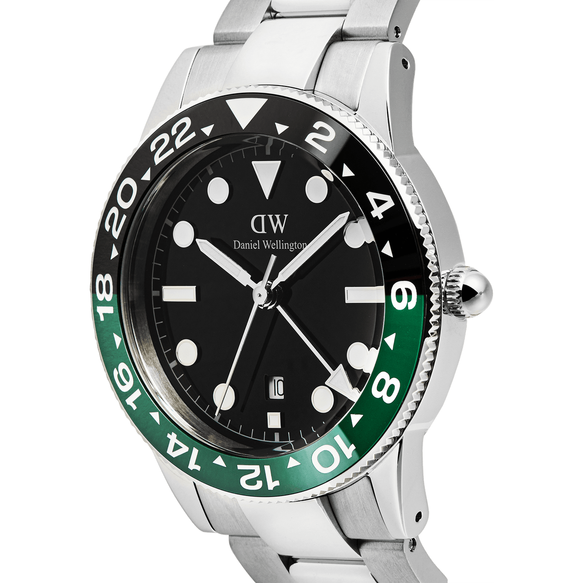Close-up of the Daniel Wellington Iconic GMT Link Black Green Ceramic Bezel Silver watch, highlighting the black dial, green and black ceramic bezel, and polished silver stainless steel bracelet with a visible date window and GMT hand.