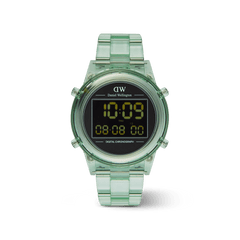 Daniel Wellington Retro Digital Light Green Light Green watch featuring a transparent light green link bracelet, round black digital dial with yellow numbers, and a minimalist retro-inspired design.