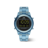 Retro Digital Light Blue Light Blue watch featuring a transparent light blue link bracelet, round black digital dial with yellow LED display, and bold 42mm case, blending vintage style with modern functionality.