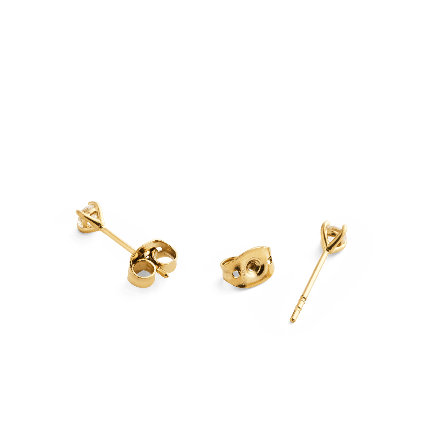 Back view of Mirelle Solitaire Stud Earring Gold, showing the gold butterfly backs and slim posts, crafted from stainless steel with PVD gold plating for secure and comfortable wear.