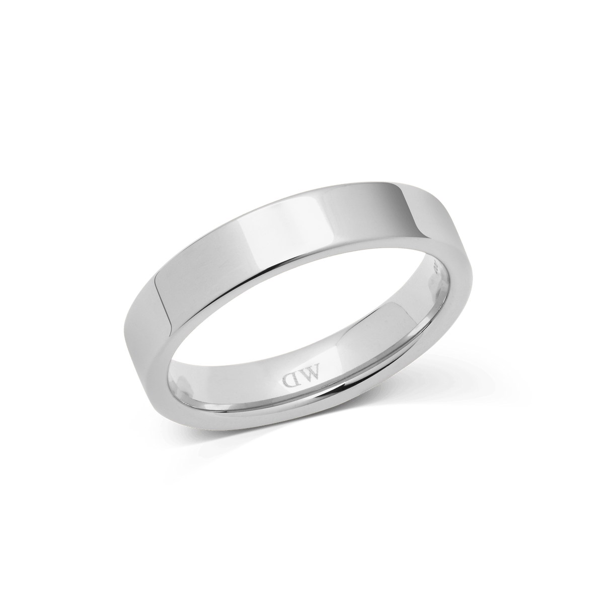 Polished silver band ring with a sleek, modern finish and clean lines, featuring a discreet logo on the inside and a comfortable 4.5mm width suitable for everyday wear.