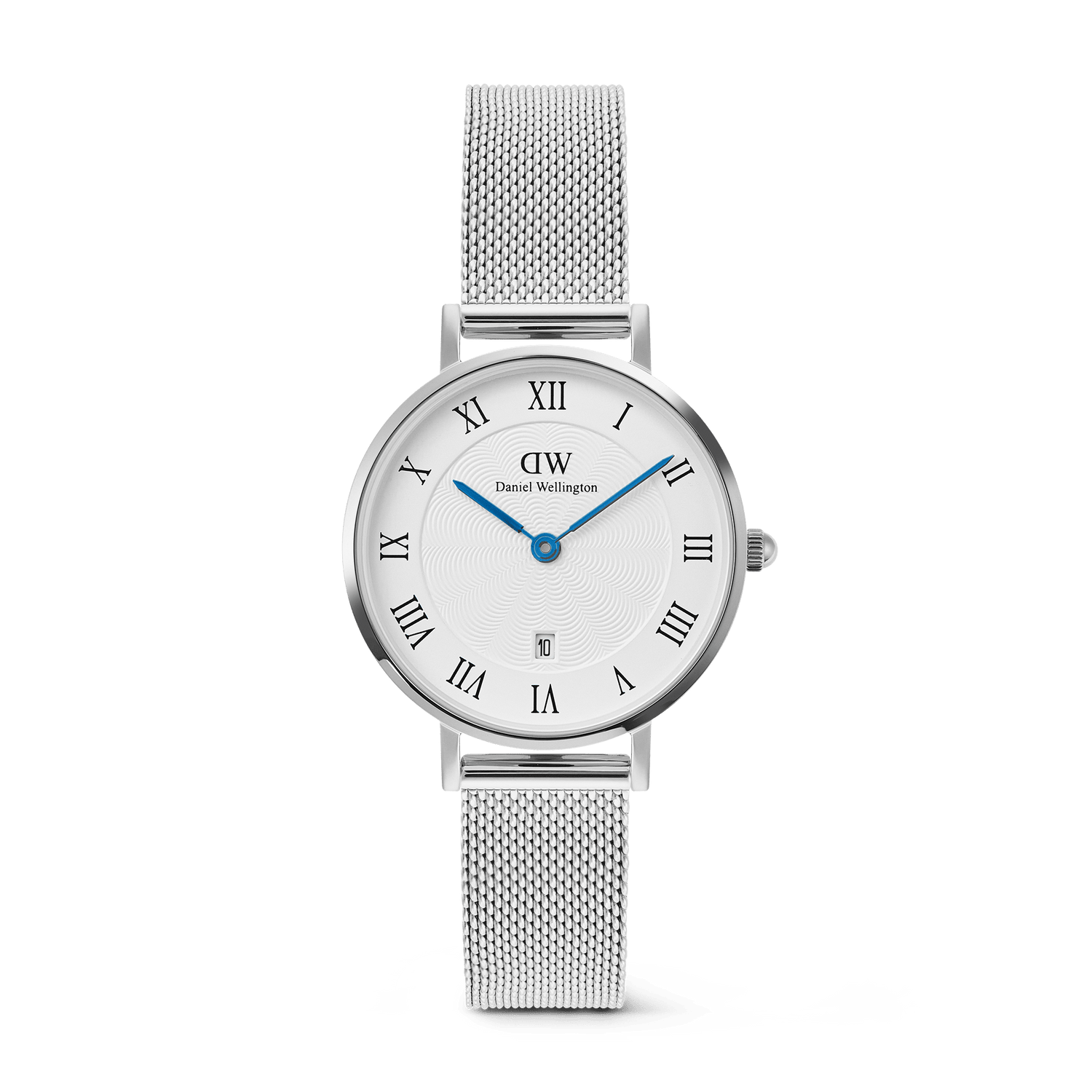 Petite Roman Numerals Date Silver features a 28mm stainless steel case, a textured white dial with Roman numerals, blue hands, a date window at 6 o’clock, and a slim adjustable silver mesh strap.