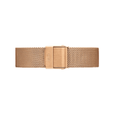Melrose Strap Rose Gold mesh watch strap in a warm rose gold finish, featuring a fine mesh pattern and a matching fold-over clasp for a modern, seamless look.