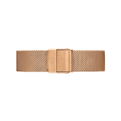 Melrose Strap Rose Gold mesh watch strap in a warm rose gold finish, featuring a fine mesh pattern and a matching fold-over clasp for a modern, seamless look.