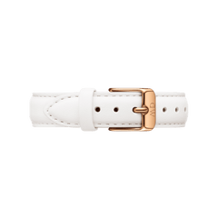Bondi Strap Silver in white genuine leather with a rose gold buckle, featuring fine stitching and an adjustable design for classic or petite watches.