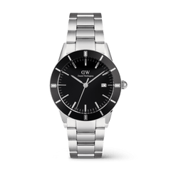 Iconic Paradigma Link Black Enamel men's watch featuring a sleek silver stainless steel three-link bracelet, minimalist black dial, distinctive index bezel, and date window, ideal for everyday wear and versatile styling.