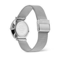 Back view of the Daniel Wellington Crystalline Bezel Sterling Blue ladies watch showing the engraved case back, adjustable silver stainless steel mesh strap, and secure clasp.