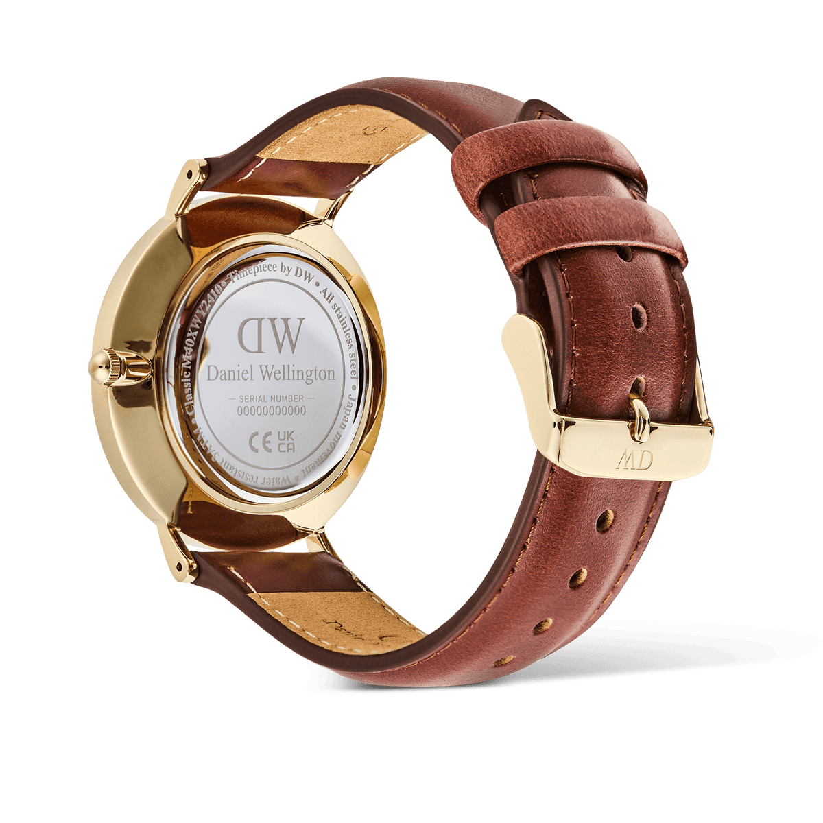 Rear view of the Classic Multi-Eye St Mawes Off-white Sunray Gold men’s watch, showing the gold-plated case back, engraved details, and brown genuine leather strap with gold pin buckle.