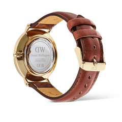 Rear view of the Classic Multi-Eye St Mawes Off-white Sunray Gold men’s watch, showing the gold-plated case back, engraved details, and brown genuine leather strap with gold pin buckle.