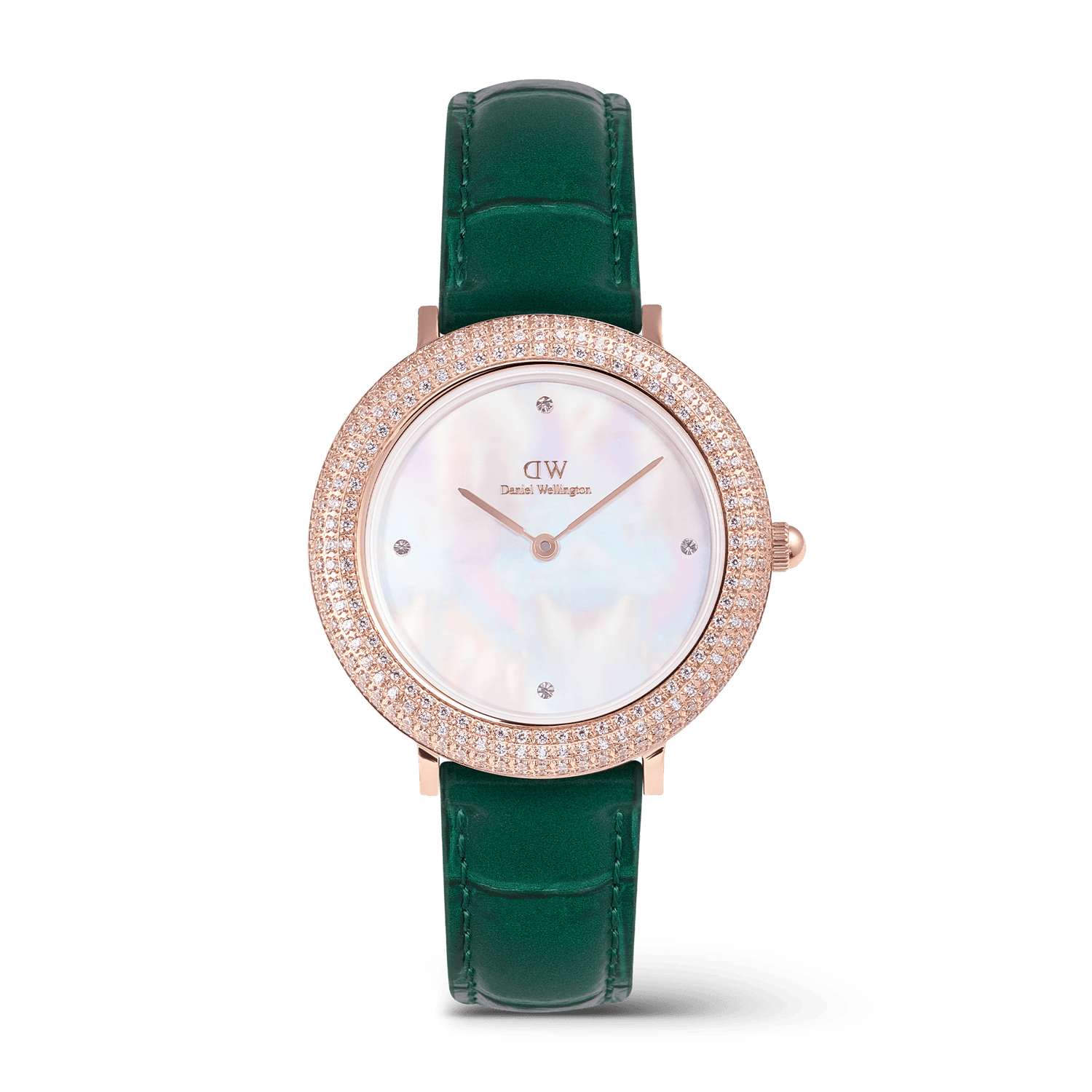 Rose gold ladies watch with a green crocodile-embossed leather strap, a crystal-set bezel, and a white mother of pearl dial with minimalist crystal markers.