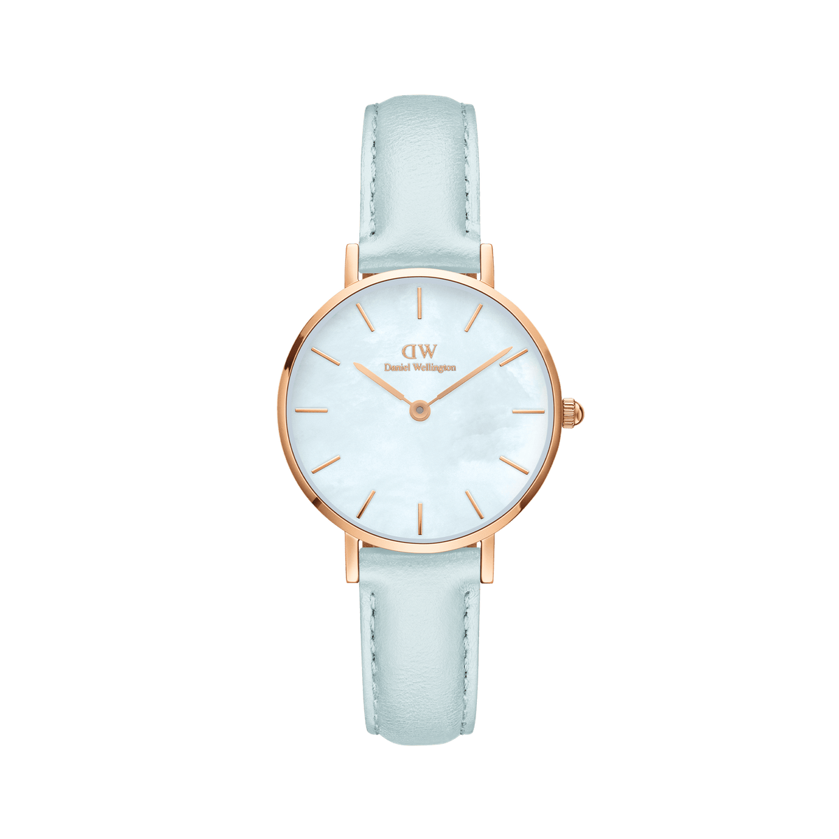 Petite Bluebell ladies watch featuring a pastel blue leather strap, rose gold case, and a shimmering mother of pearl dial with minimalist rose gold markers.