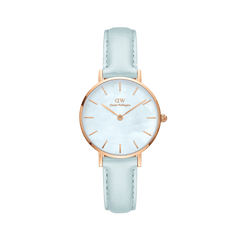 Petite Bluebell ladies watch featuring a pastel blue leather strap, rose gold case, and a shimmering mother of pearl dial with minimalist rose gold markers.