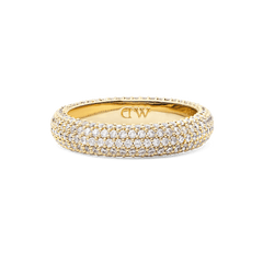 Pavé Ring Gold 5 mm with a wide gold-plated band, featuring rows of white cubic zirconia crystals in a pavé setting for a refined and sparkling finish.