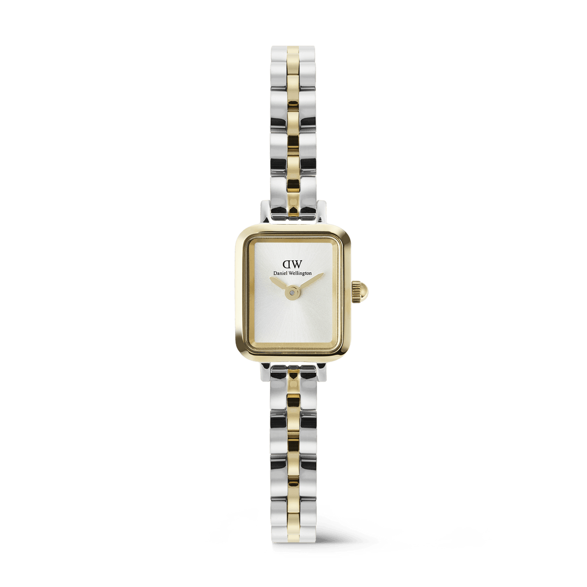Quadro Mini Arch 3-Link Two Tone Gold ladies watch featuring a petite rectangular case, white dial, and a slim gold and silver 3-link stainless steel bracelet with a polished finish.
