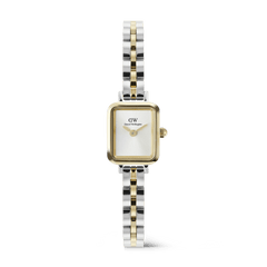 Quadro Mini Arch 3-Link Two Tone Gold ladies watch featuring a petite rectangular case, white dial, and a slim gold and silver 3-link stainless steel bracelet with a polished finish.