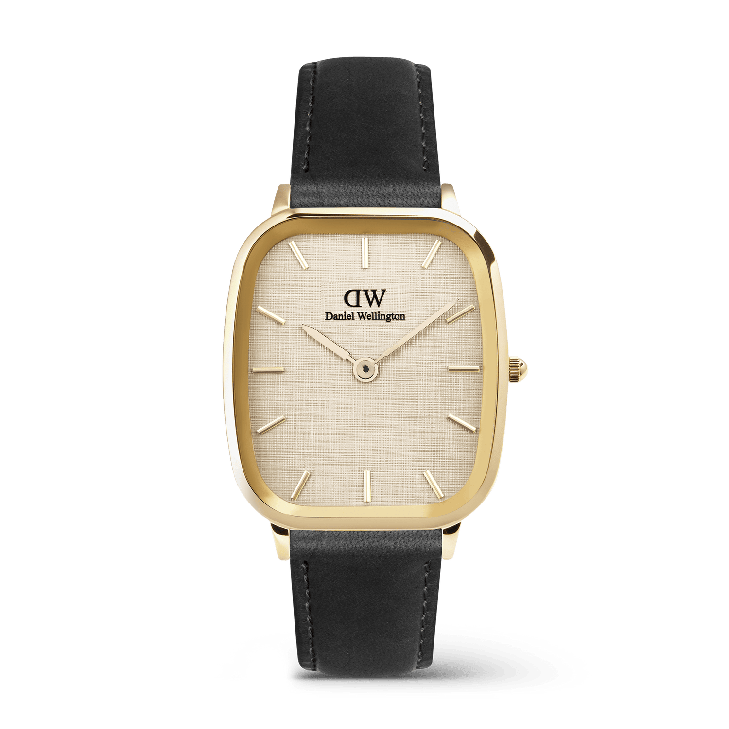 Classic men's watch with a cushion-shaped gold case, linen-textured dial, minimalist gold hour markers, and a black leather strap, showcasing the refined and versatile design of the Marlon Sheffield Linen Gold by Daniel Wellington.