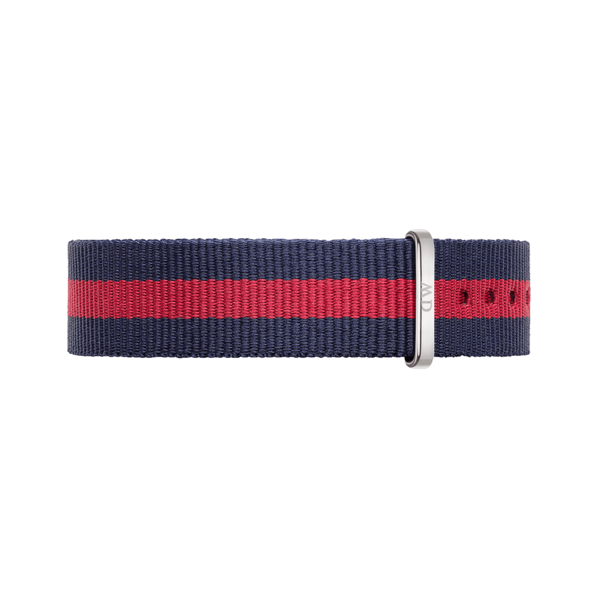 Oxford Strap Silver NATO style watch strap in navy blue and red striped polyester, featuring a polished silver buckle and multiple adjustment holes for a comfortable fit.