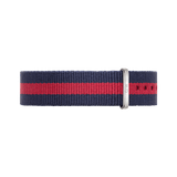 Oxford Strap Silver NATO style watch strap in navy blue and red striped polyester, featuring a polished silver buckle and multiple adjustment holes for a comfortable fit.