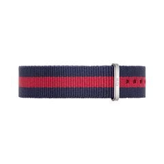 Oxford Strap Silver NATO style watch strap in navy blue and red striped polyester, featuring a polished silver buckle and multiple adjustment holes for a comfortable fit.