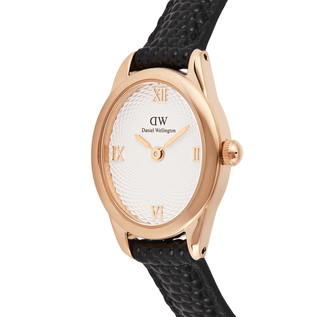Close-up of the Ophelia Mini Black Lizard White Guilloché Rose Gold watch, showing its polished rose gold oval case, white guilloché dial with Roman numerals, and textured black lizard-embossed leather strap.