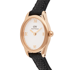 Close-up of the Ophelia Mini Black Lizard White Guilloché Rose Gold watch, showing its polished rose gold oval case, white guilloché dial with Roman numerals, and textured black lizard-embossed leather strap.