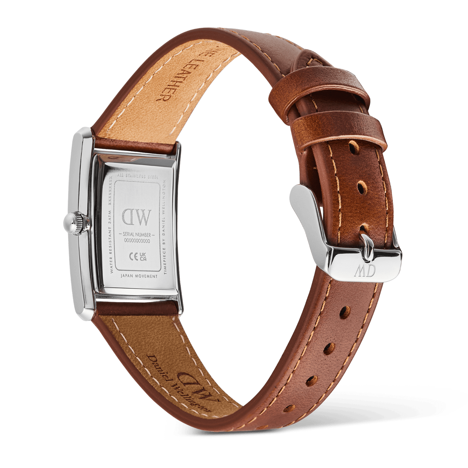 Rear view of the Daniel Wellington Bound Light Brown Arctic Guilloché Silver watch, showing the engraved stainless steel case back, adjustable brown leather strap, and polished silver buckle.
