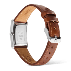 Rear view of the Daniel Wellington Bound Light Brown Arctic Guilloché Silver watch, showing the engraved stainless steel case back, adjustable brown leather strap, and polished silver buckle.