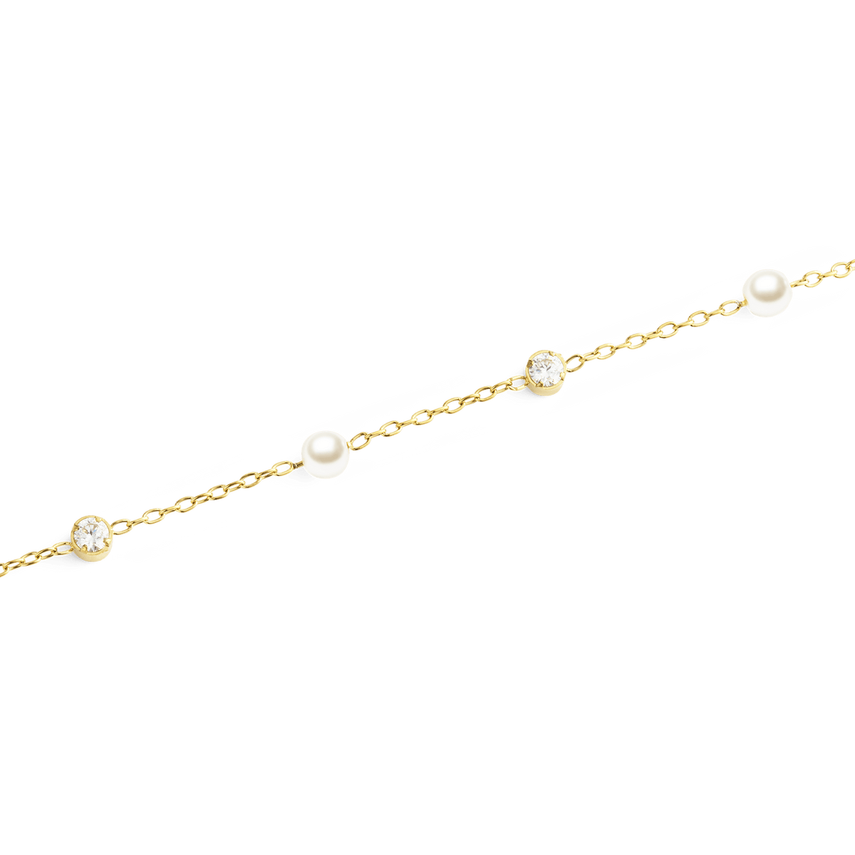 Close-up of the Pearl Bracelet Gold, showing alternating white Swarovski glass pearls and sparkling cubic zirconia stones set along a delicate gold chain.