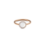 Rose gold ring featuring a round mother of pearl centrepiece surrounded by a halo of white cubic zirconia, set on a slim polished band.